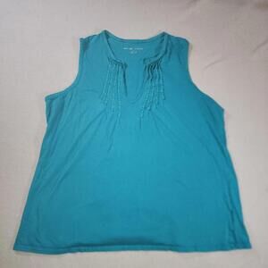 New York & Company Sleeveless Tank Top V Neck Ruffles Teal Large 100% Cotton